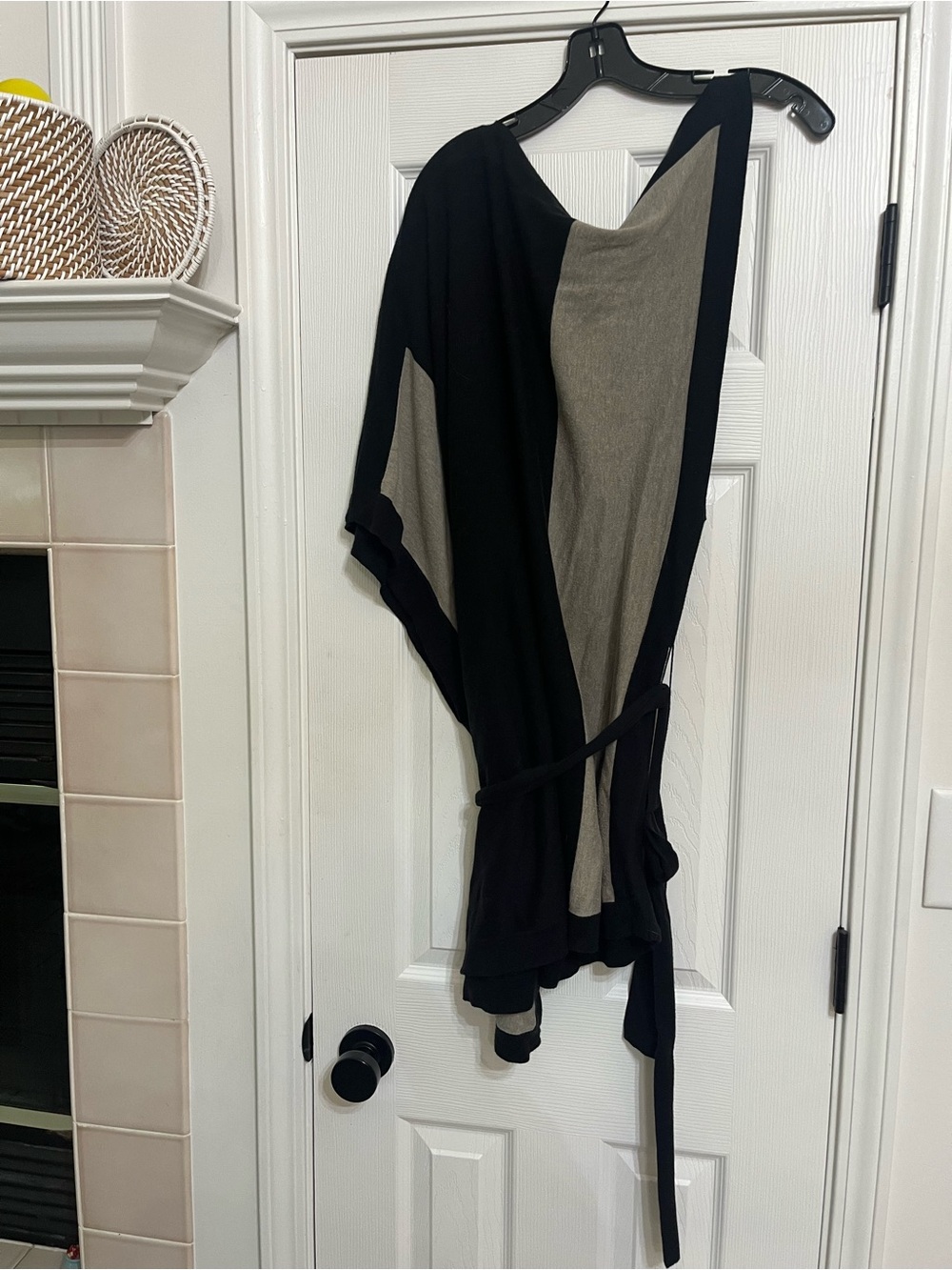 Isda & Co Black and Taupe Two Piece Color-block Asymmetrical Wrap Cardigan Set